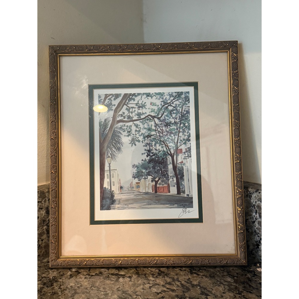 Griff 1991 Signed Watercolor Print Custom Framed Southern Street Scene Gold